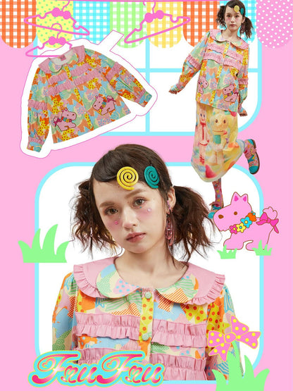 Frufru Gulu Pink Colorblock Doll Collar Princess Sleeve Cartoon Women&