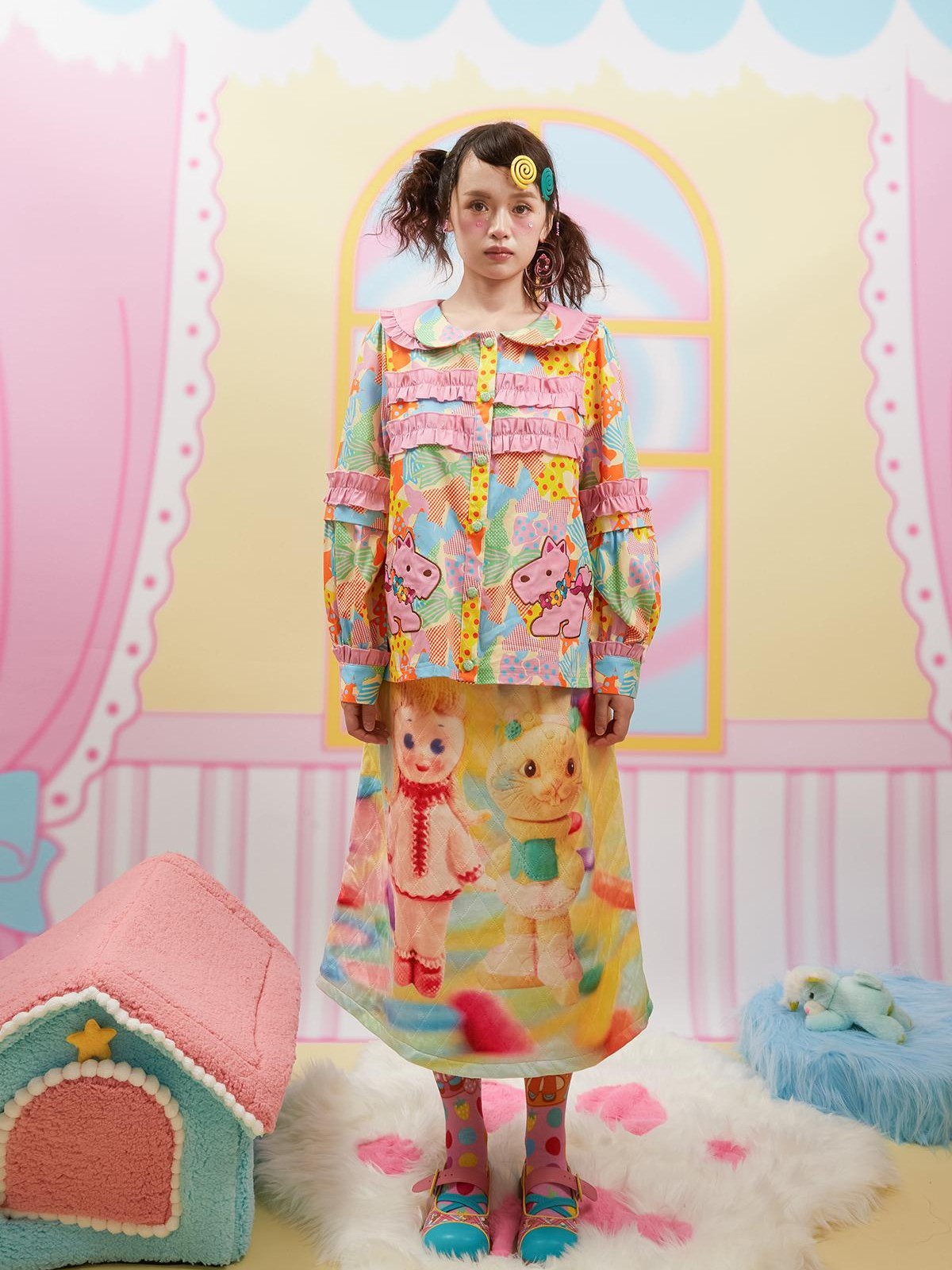 Frufru Gulu Pink Colorblock Doll Collar Princess Sleeve Cartoon Women&