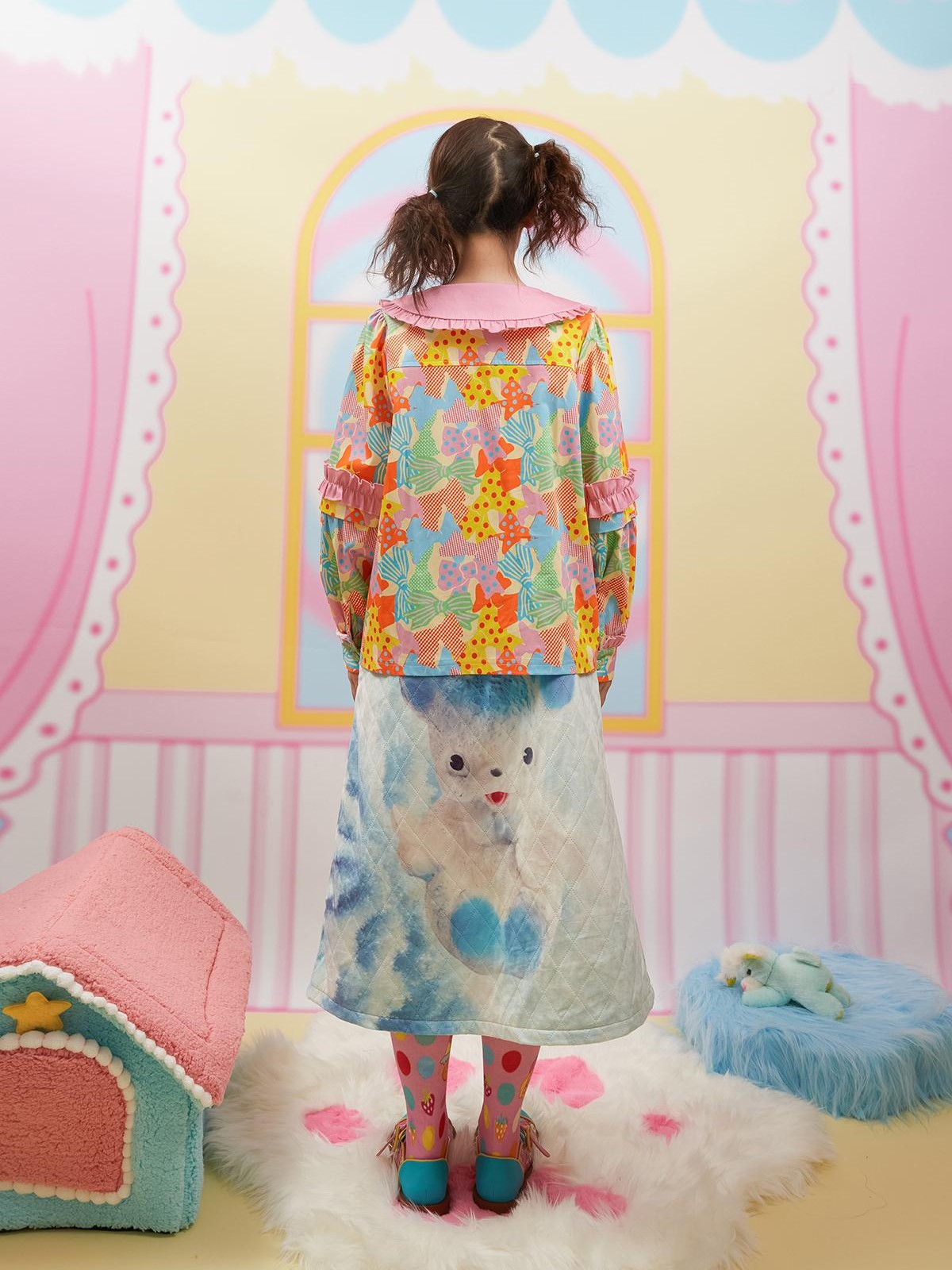 Frufru Gulu Pink Colorblock Doll Collar Princess Sleeve Cartoon Women&