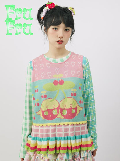 Frufru Gulu Pink Green Colorblock Fruit Print Knit Women&