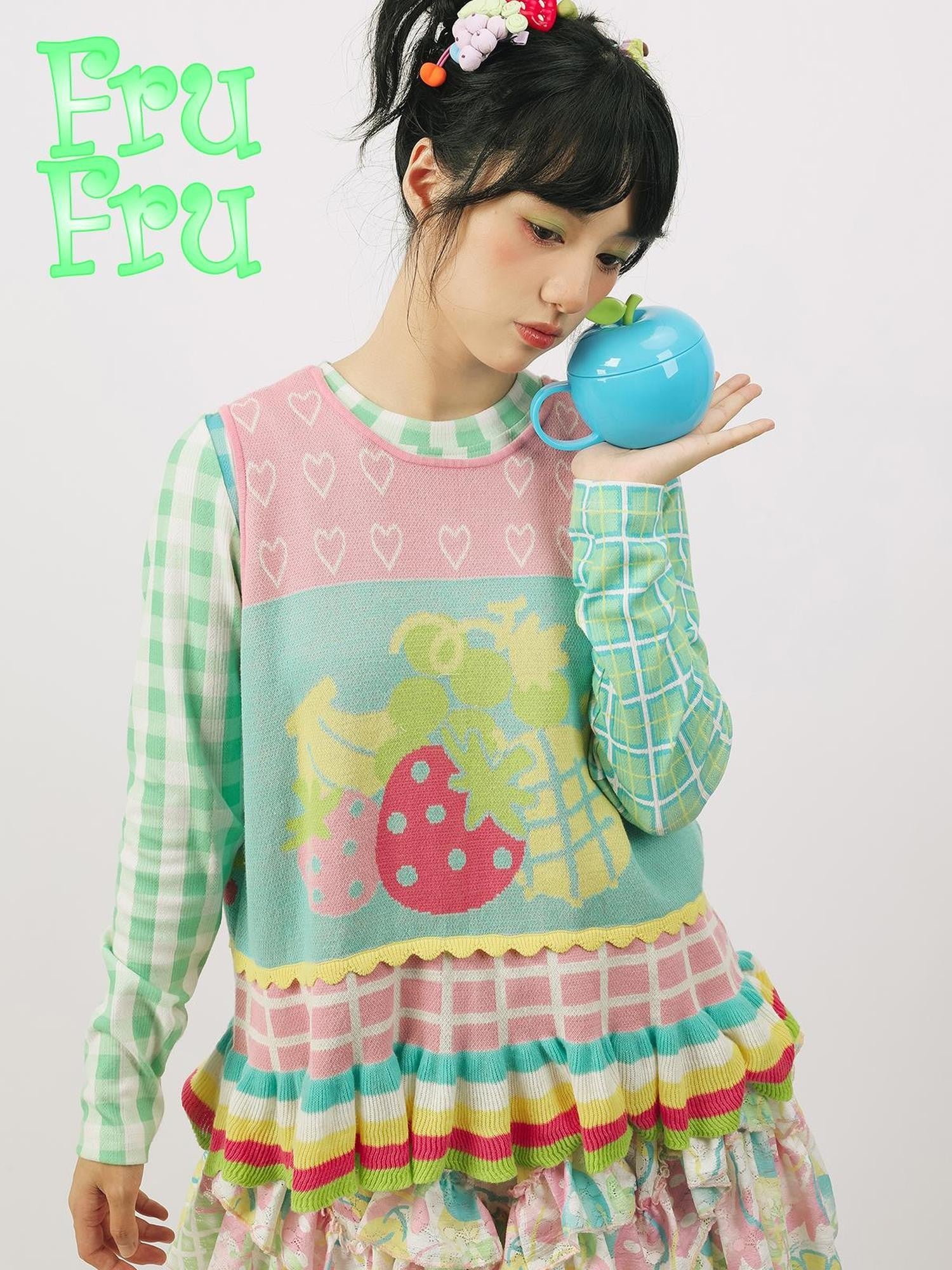 Frufru Gulu Pink Green Colorblock Fruit Print Knit Women&