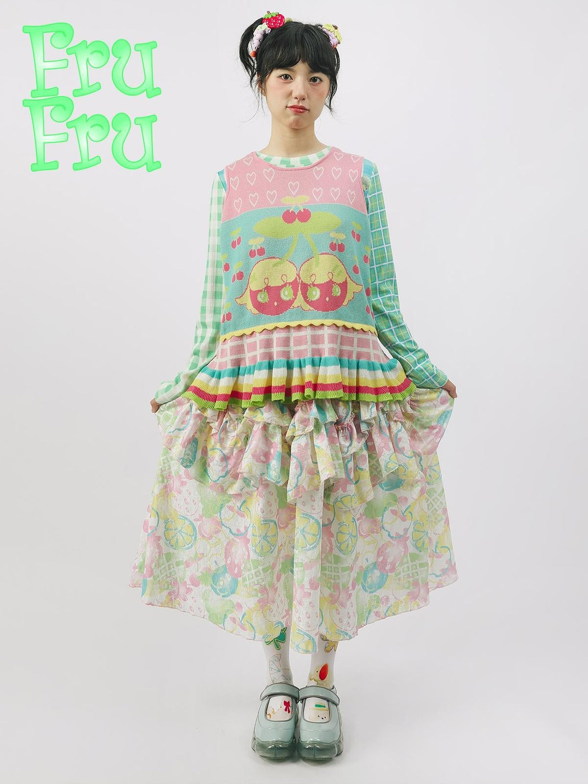 Frufru Gulu Pink Green Colorblock Fruit Print Knit Women&