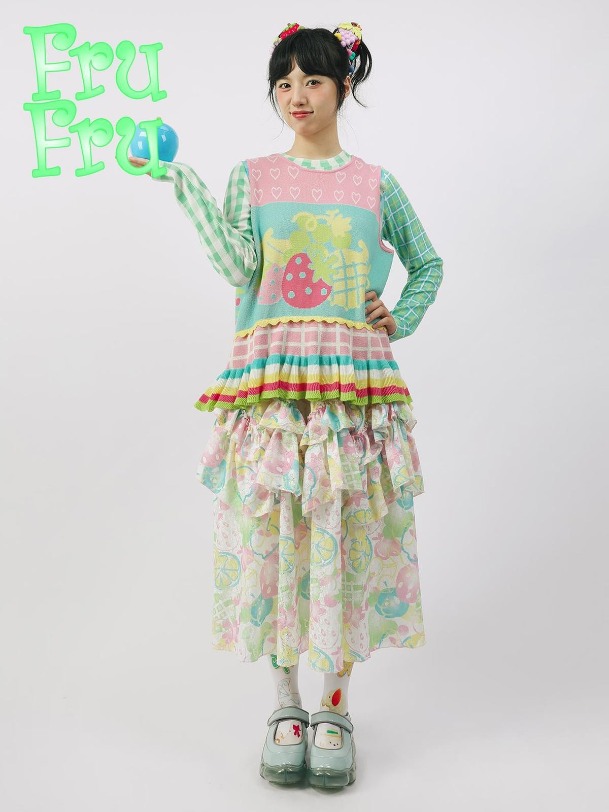 Frufru Gulu Pink Green Colorblock Fruit Print Knit Women&