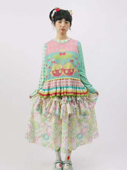 Frufru Gulu Pink Green Colorblock Fruit Print Knit Women&