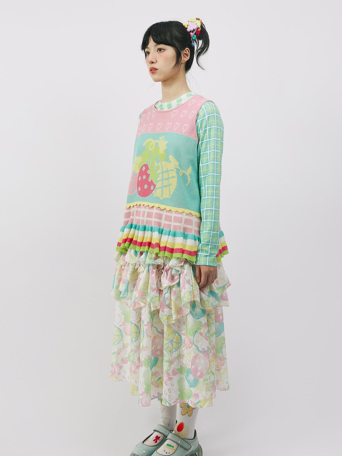Frufru Gulu Pink Green Colorblock Fruit Print Knit Women&
