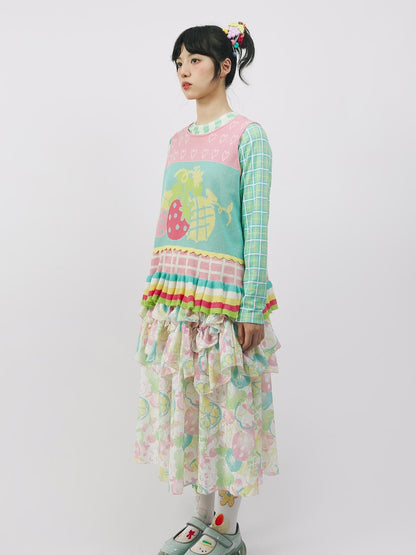 Frufru Gulu Pink Green Colorblock Fruit Print Knit Women&