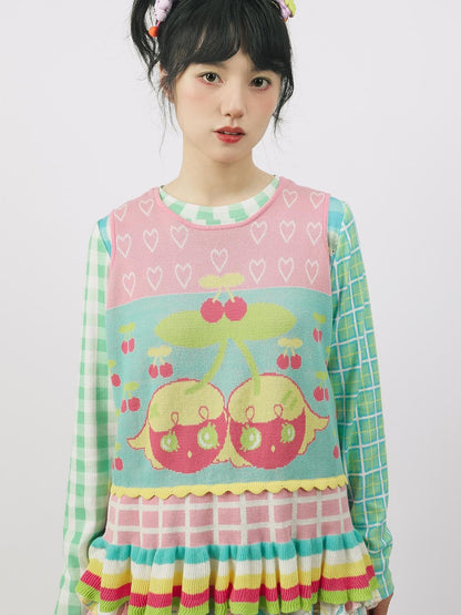 Frufru Gulu Pink Green Colorblock Fruit Print Knit Women&