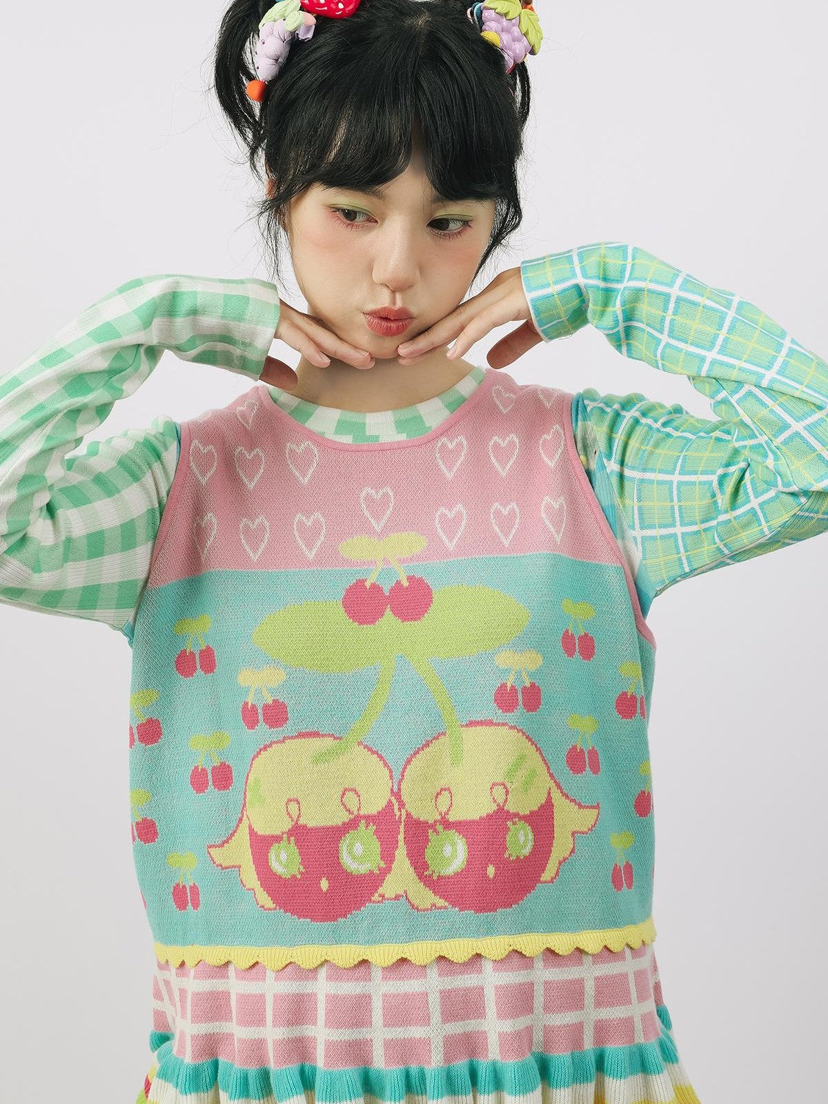 Frufru Gulu Pink Green Colorblock Fruit Print Knit Women&