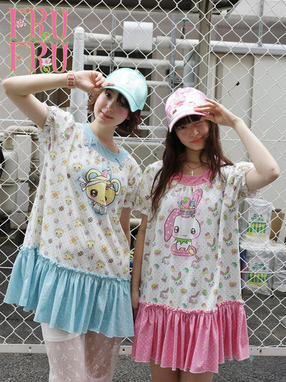 Frufru Gulu Rose Cafe Bear Rabbit Print Faux Two Piece Women&