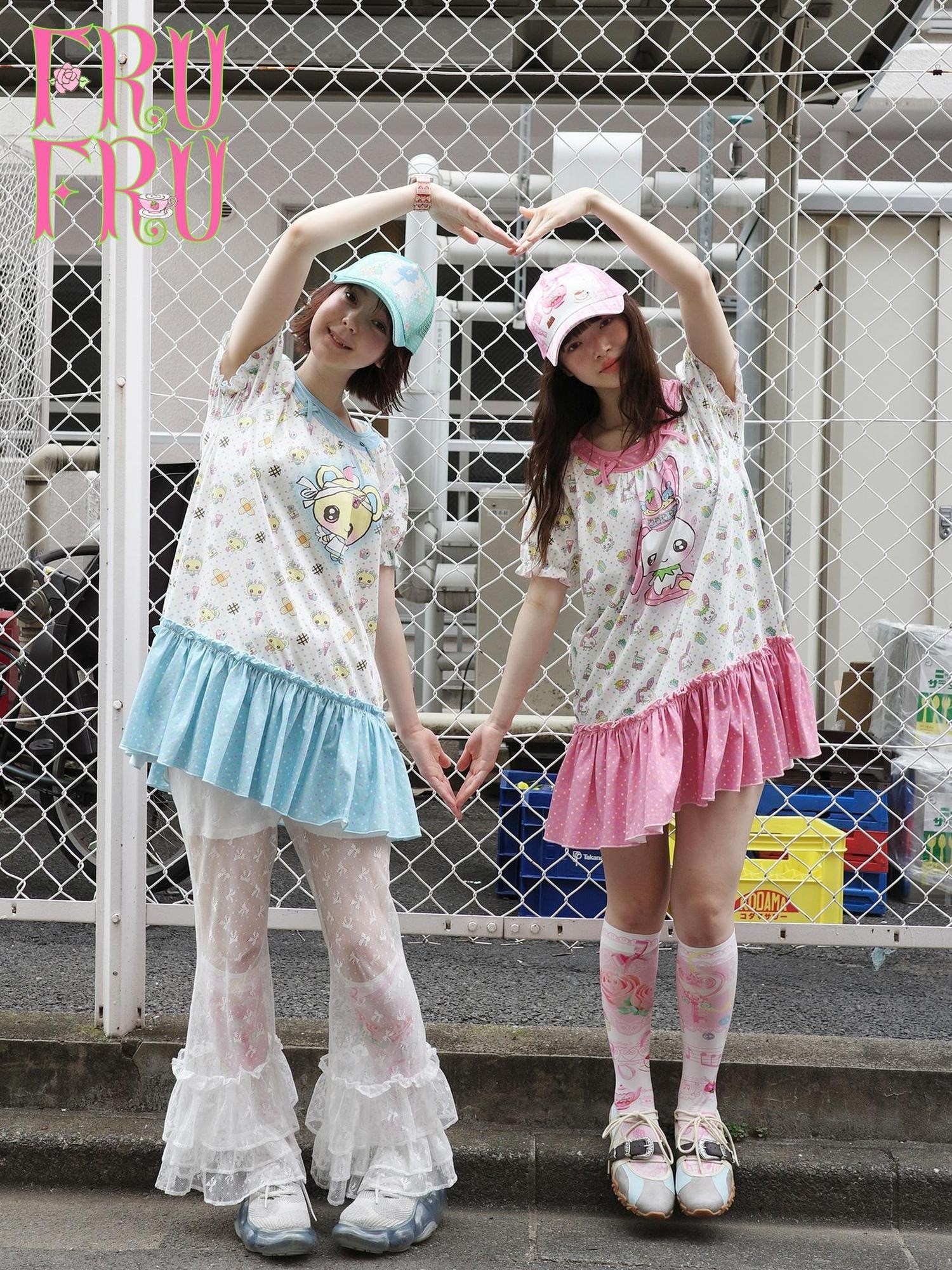 Frufru Gulu Rose Cafe Bear Rabbit Print Faux Two Piece Women&