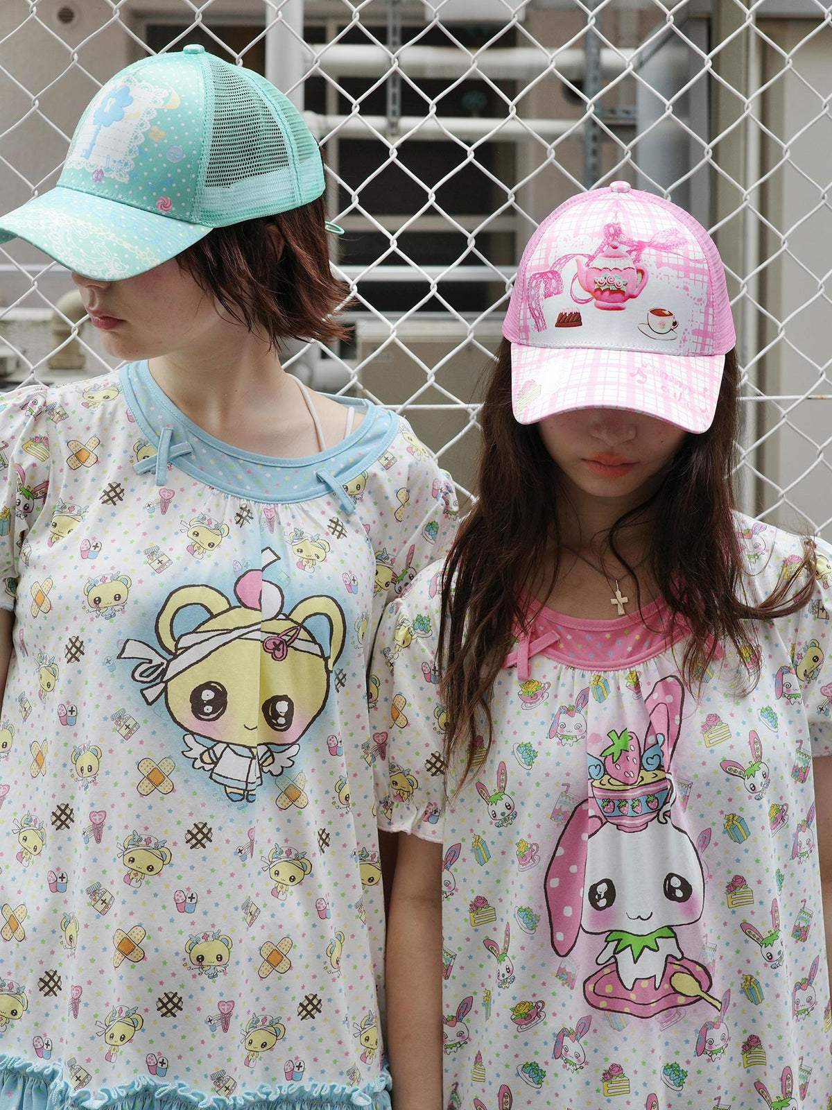 Frufru Gulu Rose Cafe Bear Rabbit Print Faux Two Piece Women&