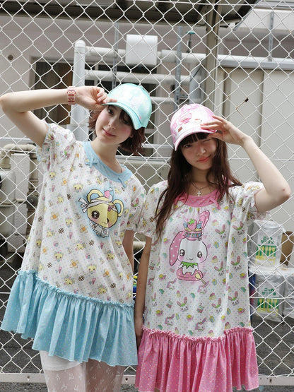 Frufru Gulu Rose Cafe Bear Rabbit Print Faux Two Piece Women&