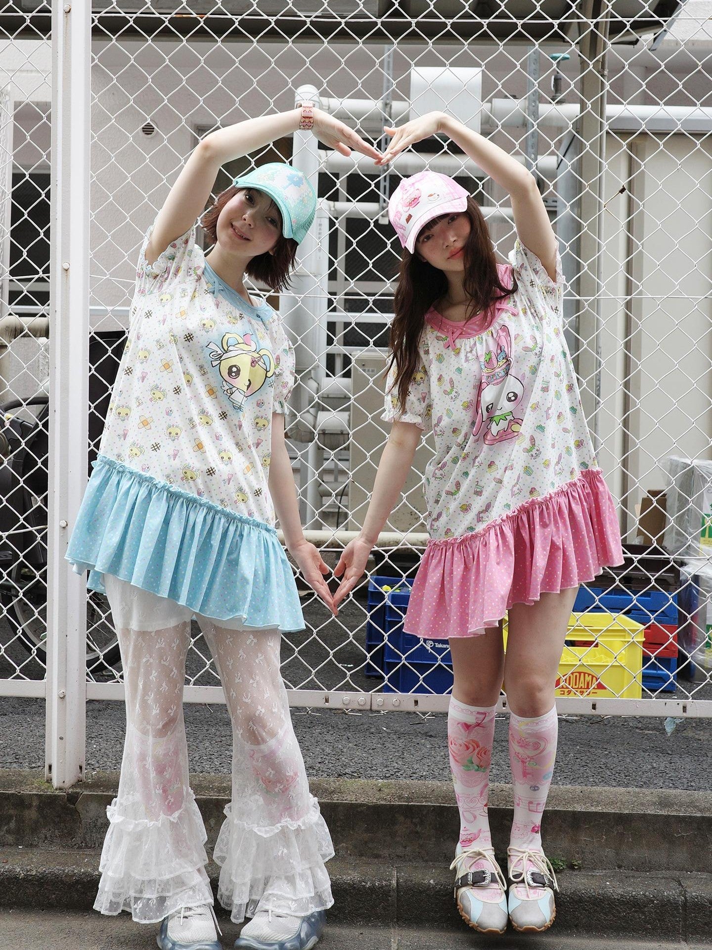 Frufru Gulu Rose Cafe Bear Rabbit Print Faux Two Piece Women&