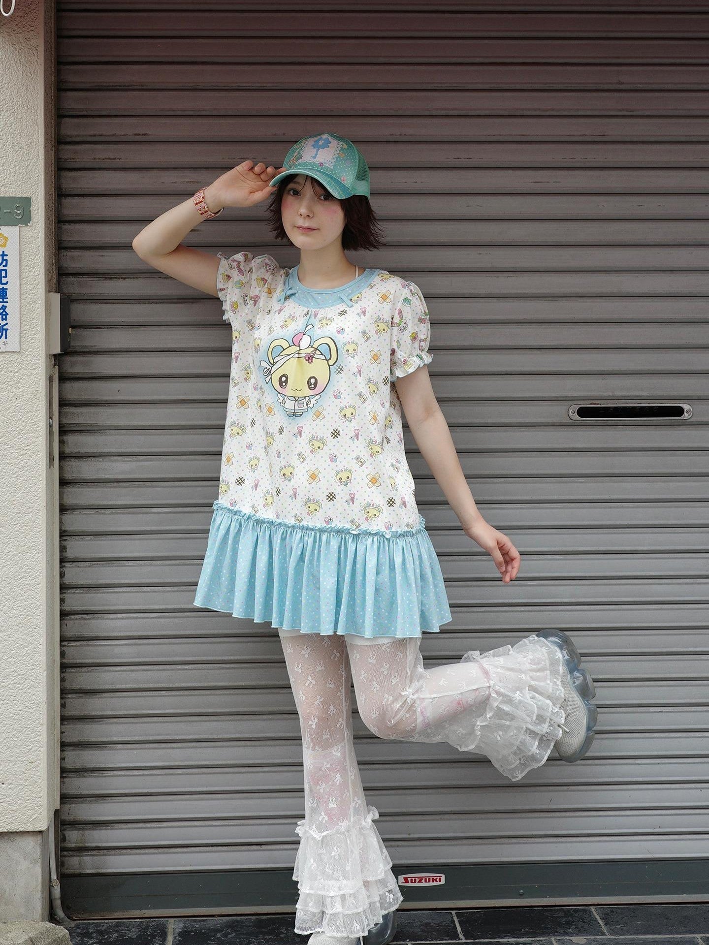 Frufru Gulu Rose Cafe Bear Rabbit Print Faux Two Piece Women&