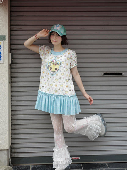 Frufru Gulu Rose Cafe Bear Rabbit Print Faux Two Piece Women&