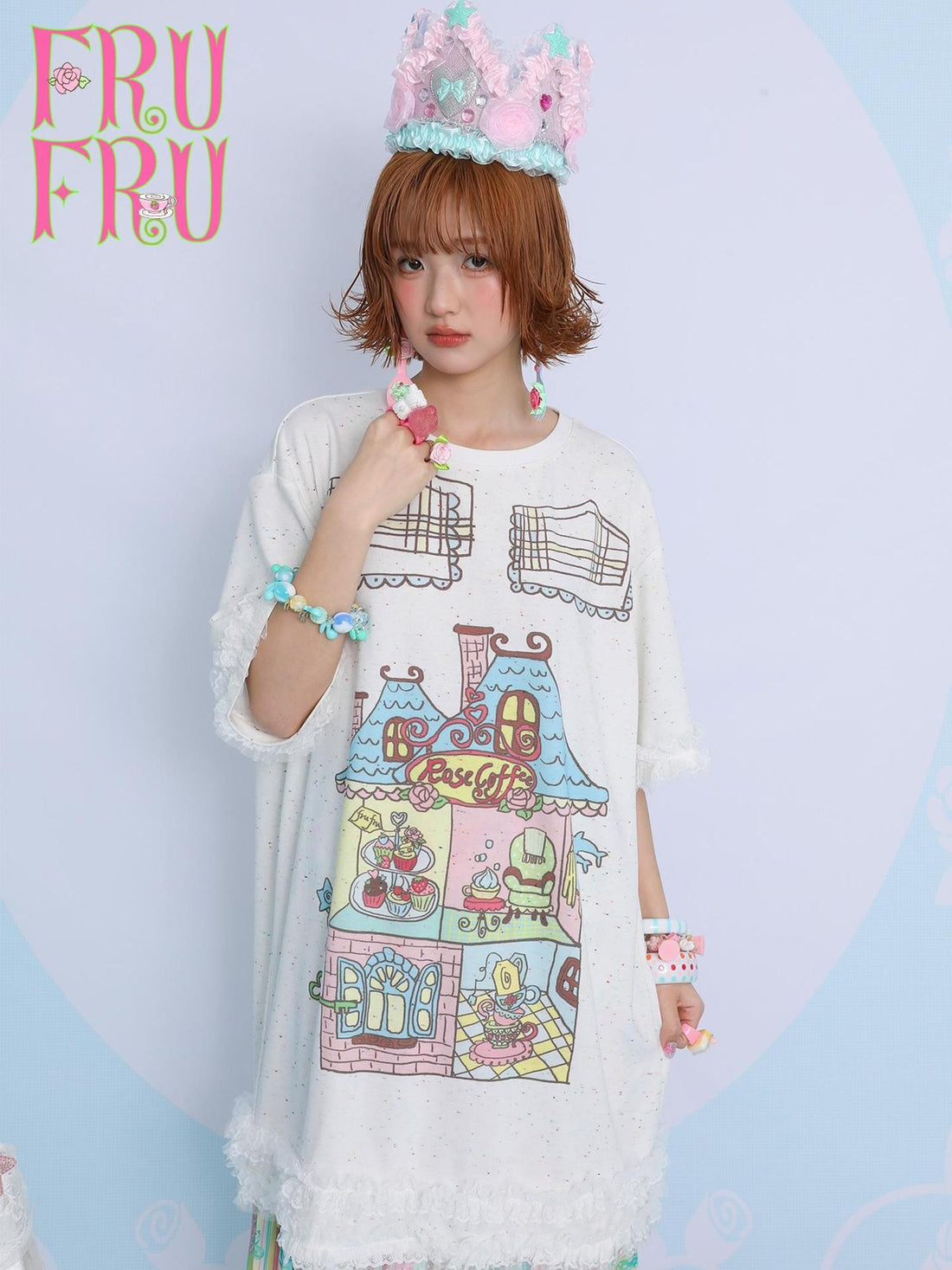 Frufru Gulu Rose Cafe Printed Round Neck Drop Shoulder Women&