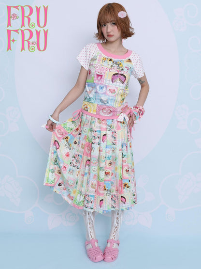 Frufru Gulu Rose Print Cute Loose Pleated Mid Waist Women&