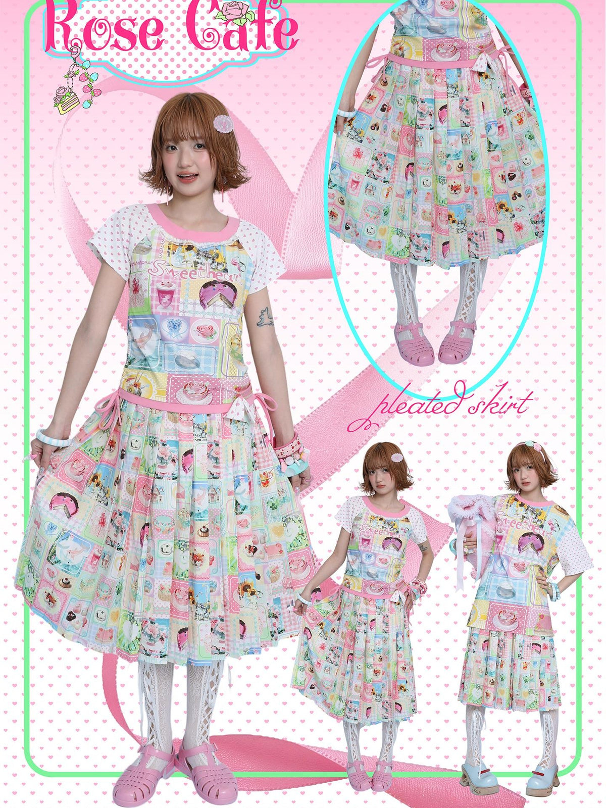 Frufru Gulu Rose Print Cute Loose Pleated Mid Waist Women&