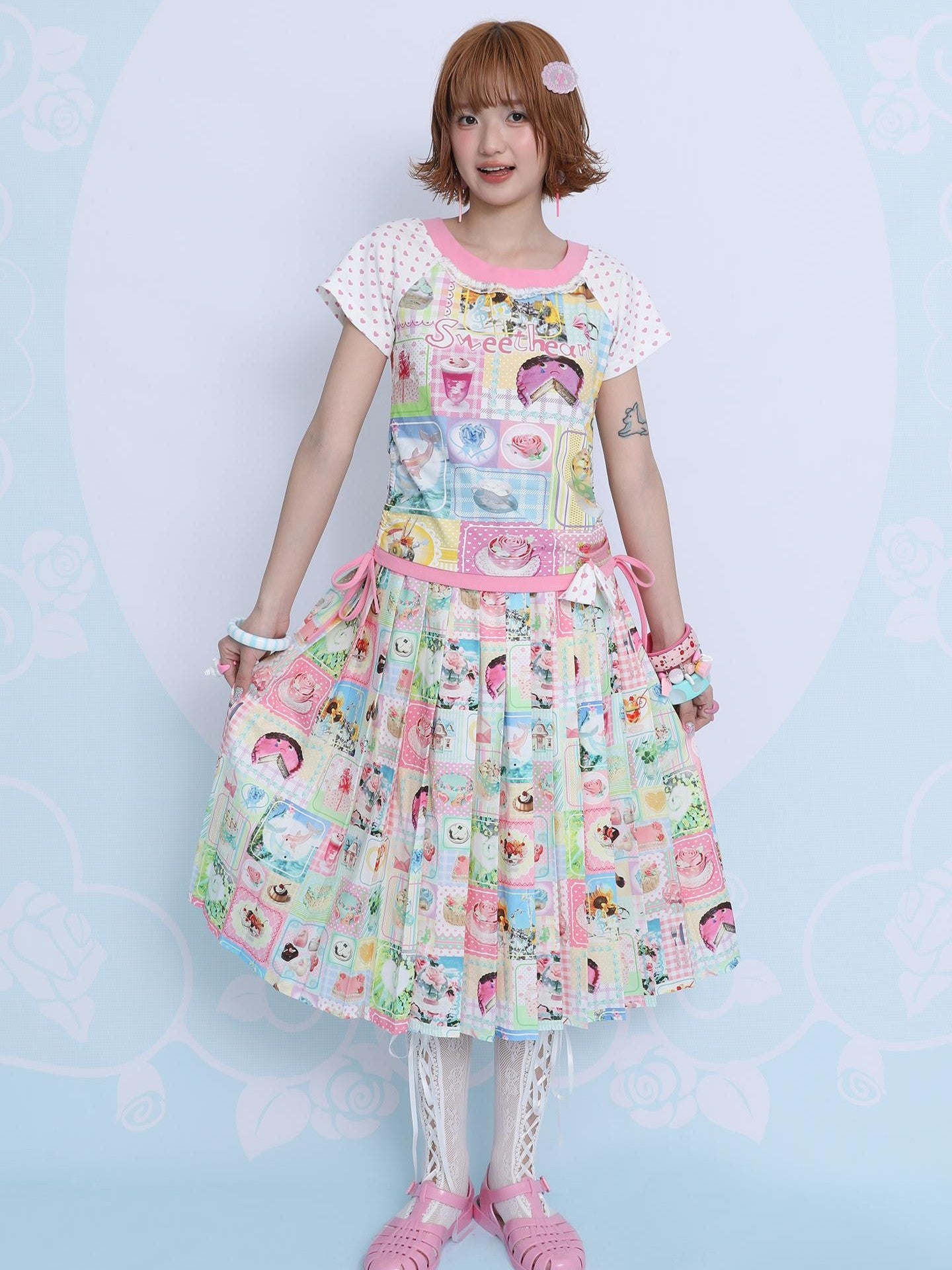 Frufru Gulu Rose Print Cute Loose Pleated Mid Waist Women&