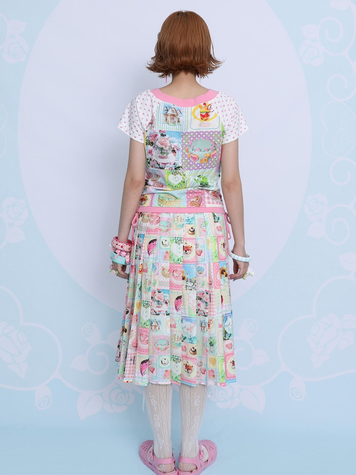 Frufru Gulu Rose Print Cute Loose Pleated Mid Waist Women&