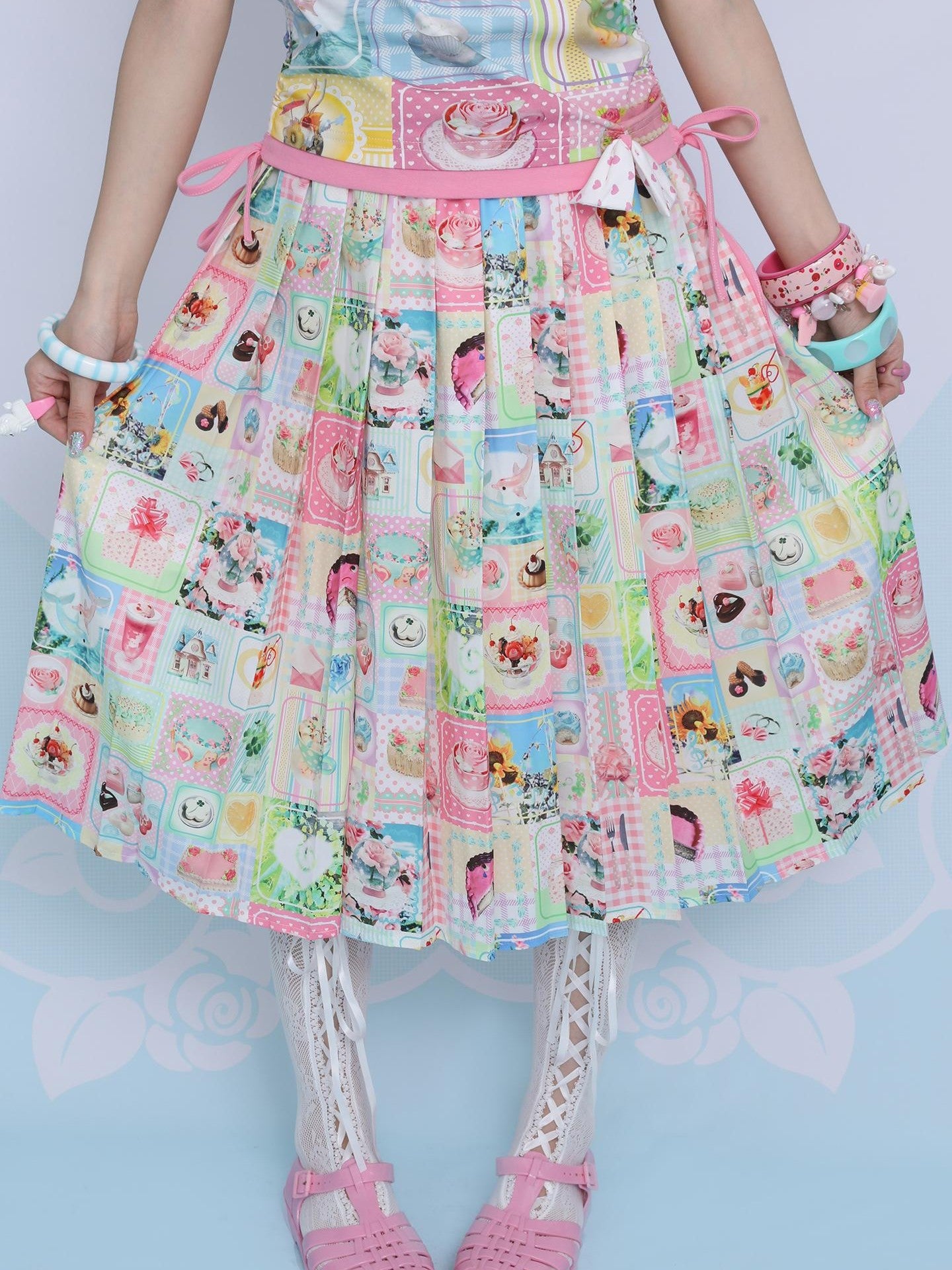 Frufru Gulu Rose Print Cute Loose Pleated Mid Waist Women&