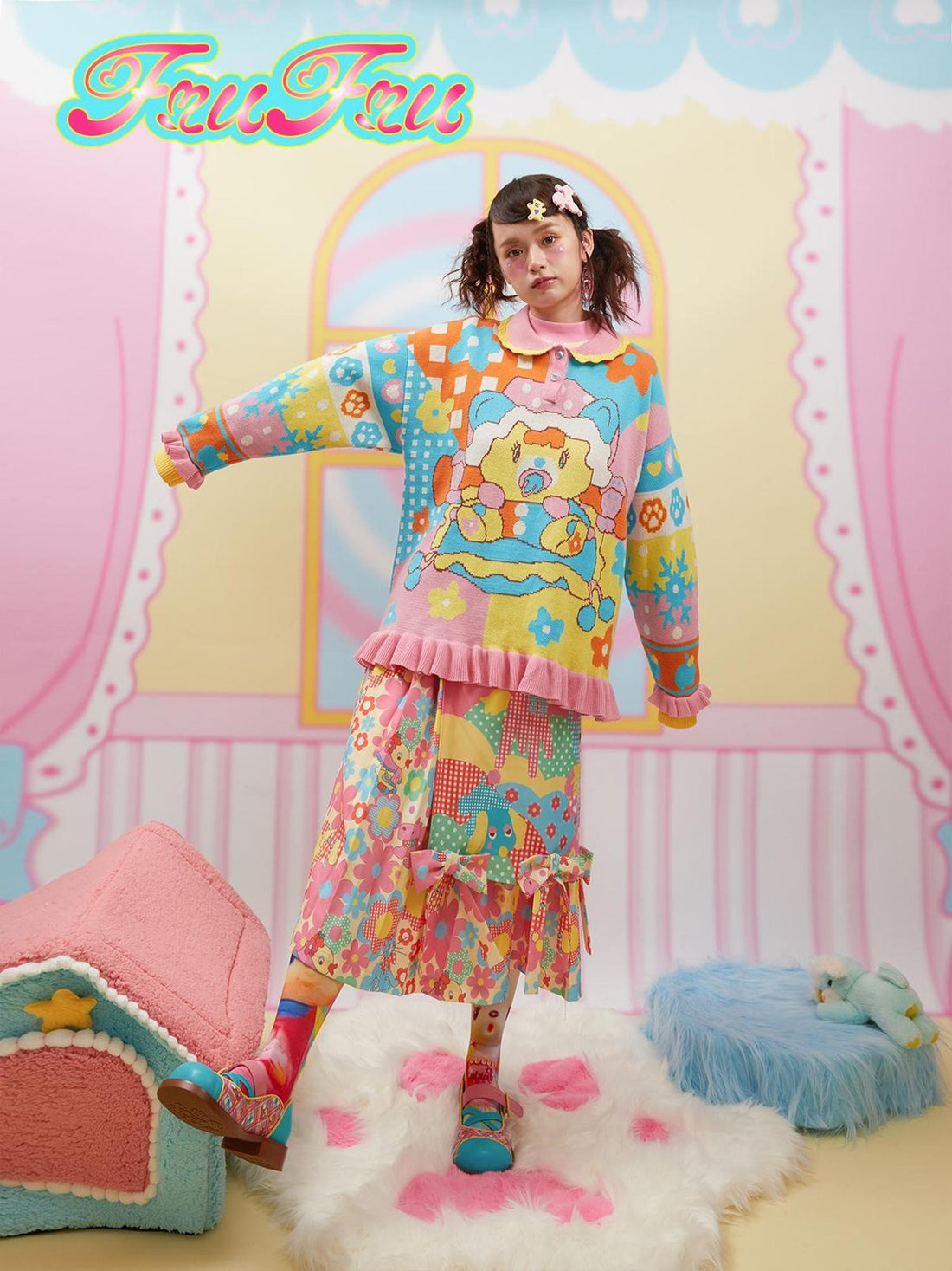 Frufru Gulu Ruffle Doll Collar Colorblock Knit Sweet Women&