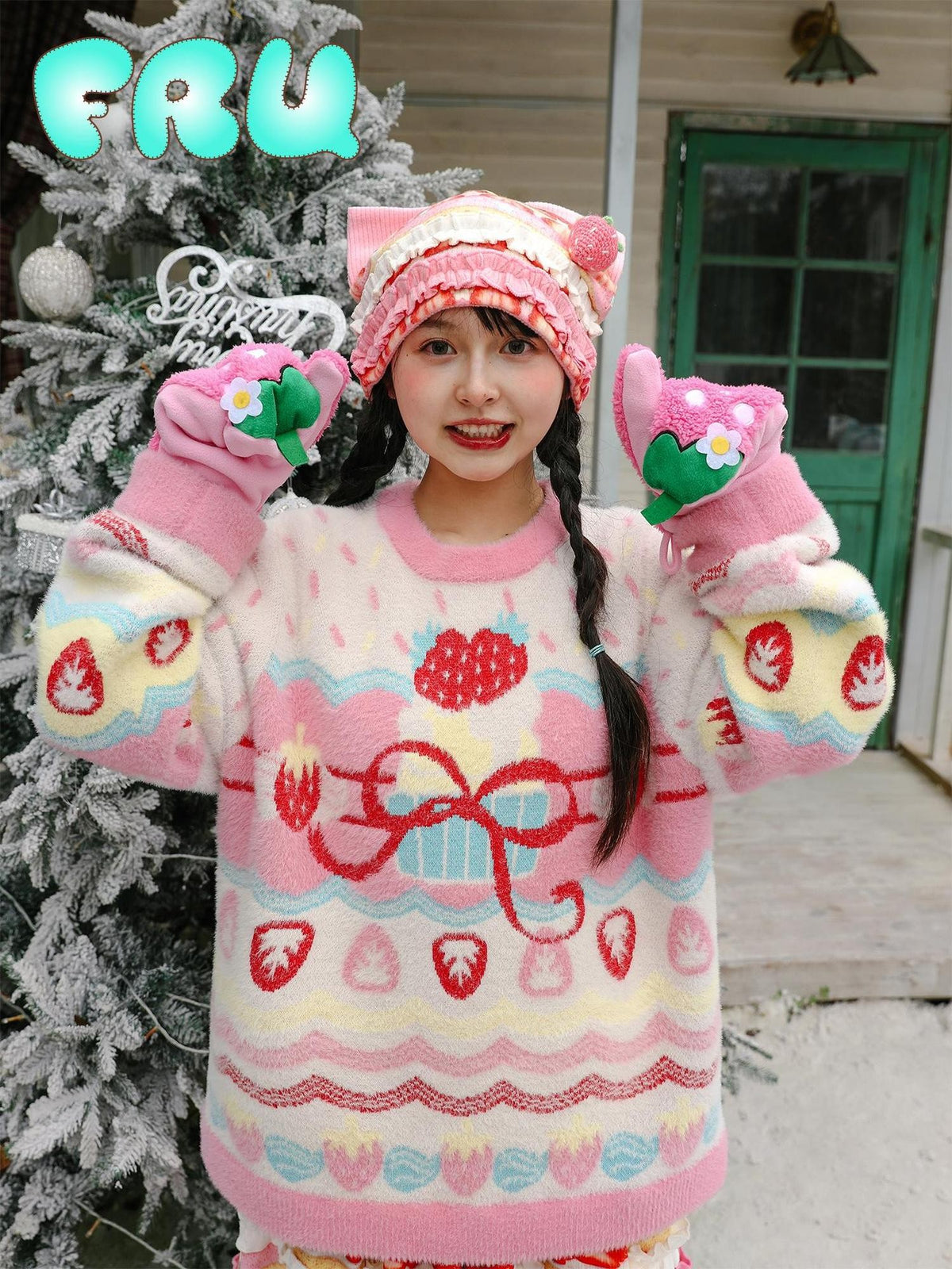 Frufru Gulu Strawberry Bow Loose Fit Long Sleeve Women&