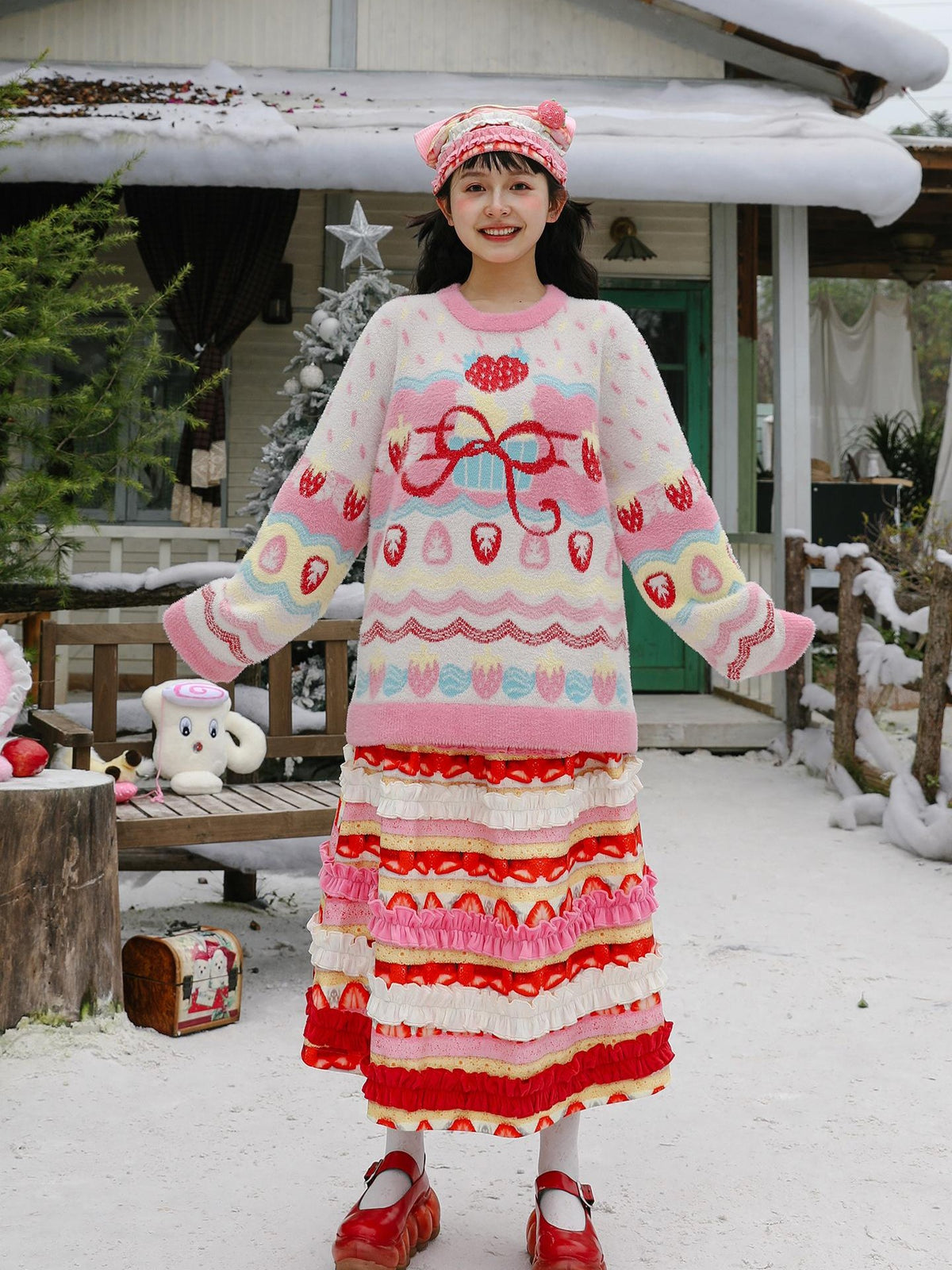 Frufru Gulu Strawberry Bow Loose Fit Long Sleeve Women&