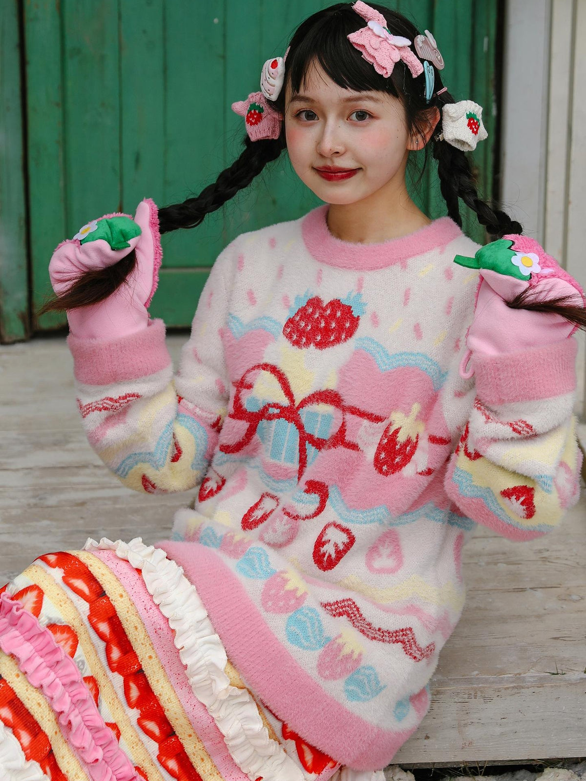 Frufru Gulu Strawberry Bow Loose Fit Long Sleeve Women&