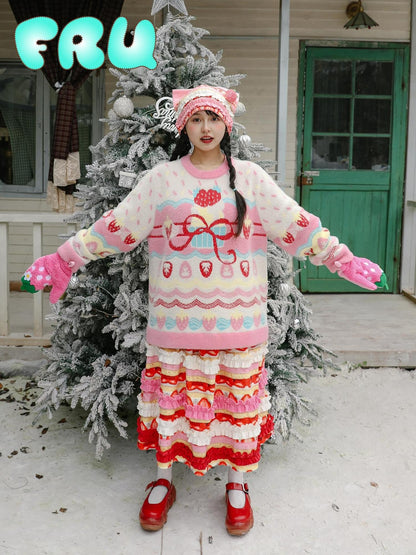 Frufru Gulu Strawberry Bow Loose Fit Long Sleeve Women&