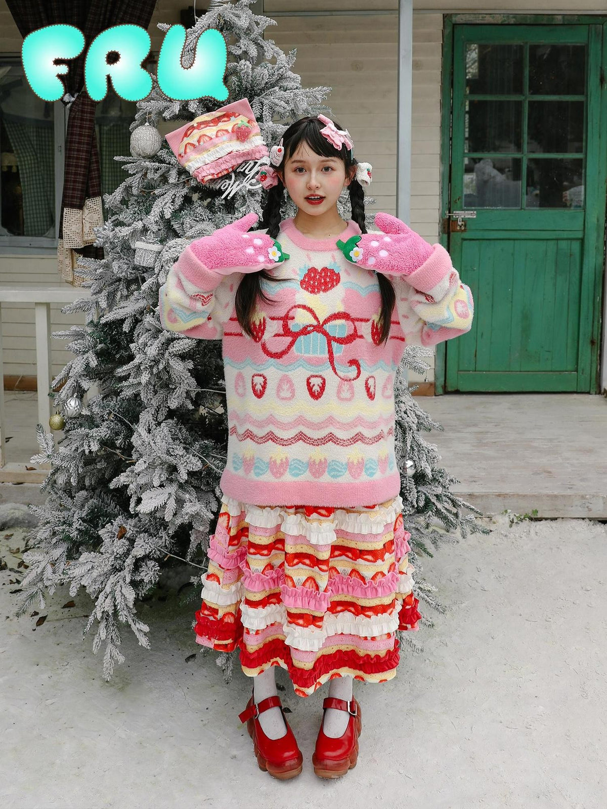 Frufru Gulu Strawberry Bow Loose Fit Long Sleeve Women&