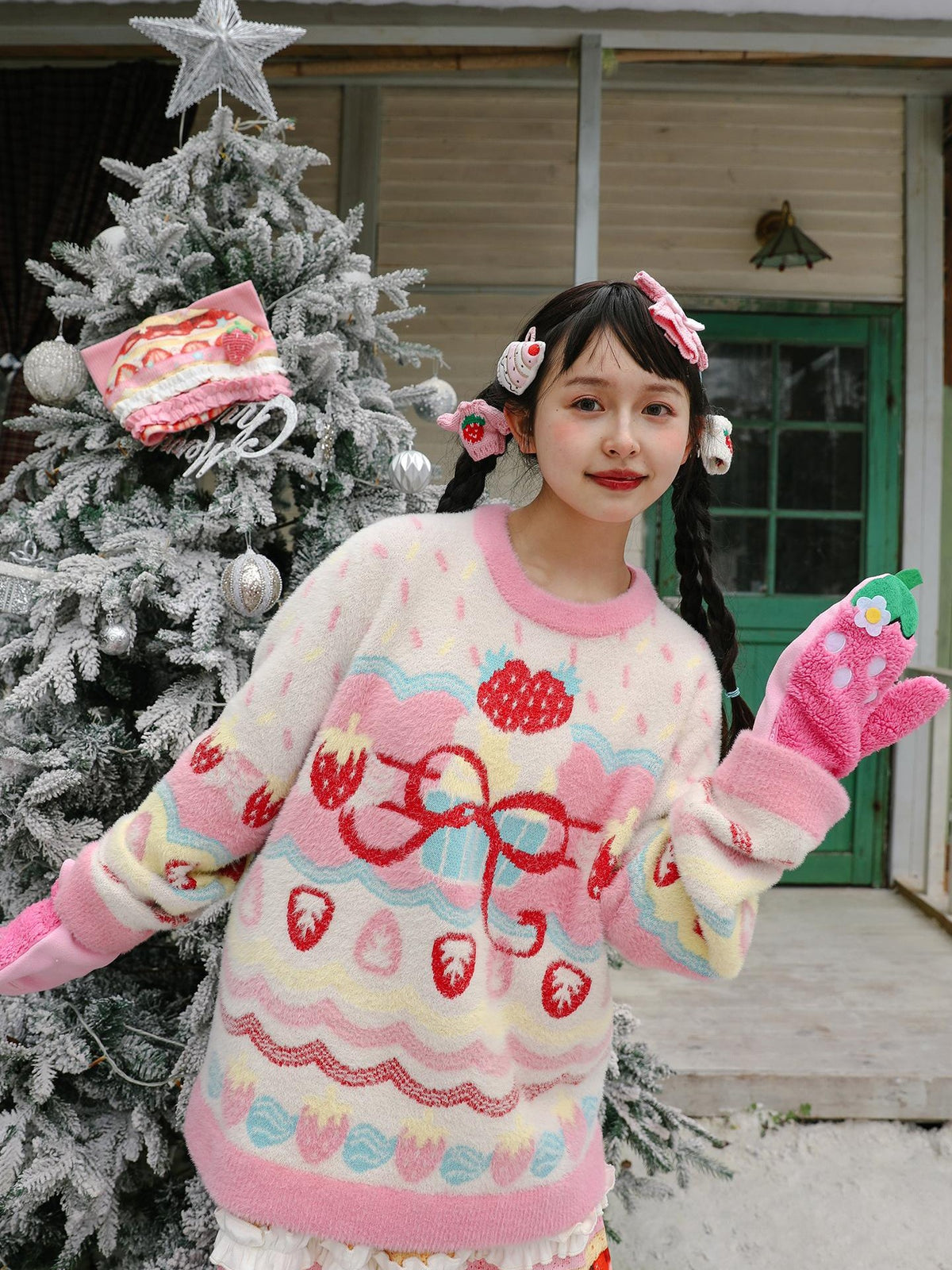 Frufru Gulu Strawberry Bow Loose Fit Long Sleeve Women&