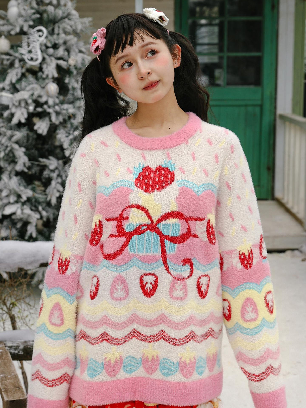 Frufru Gulu Strawberry Bow Loose Fit Long Sleeve Women&