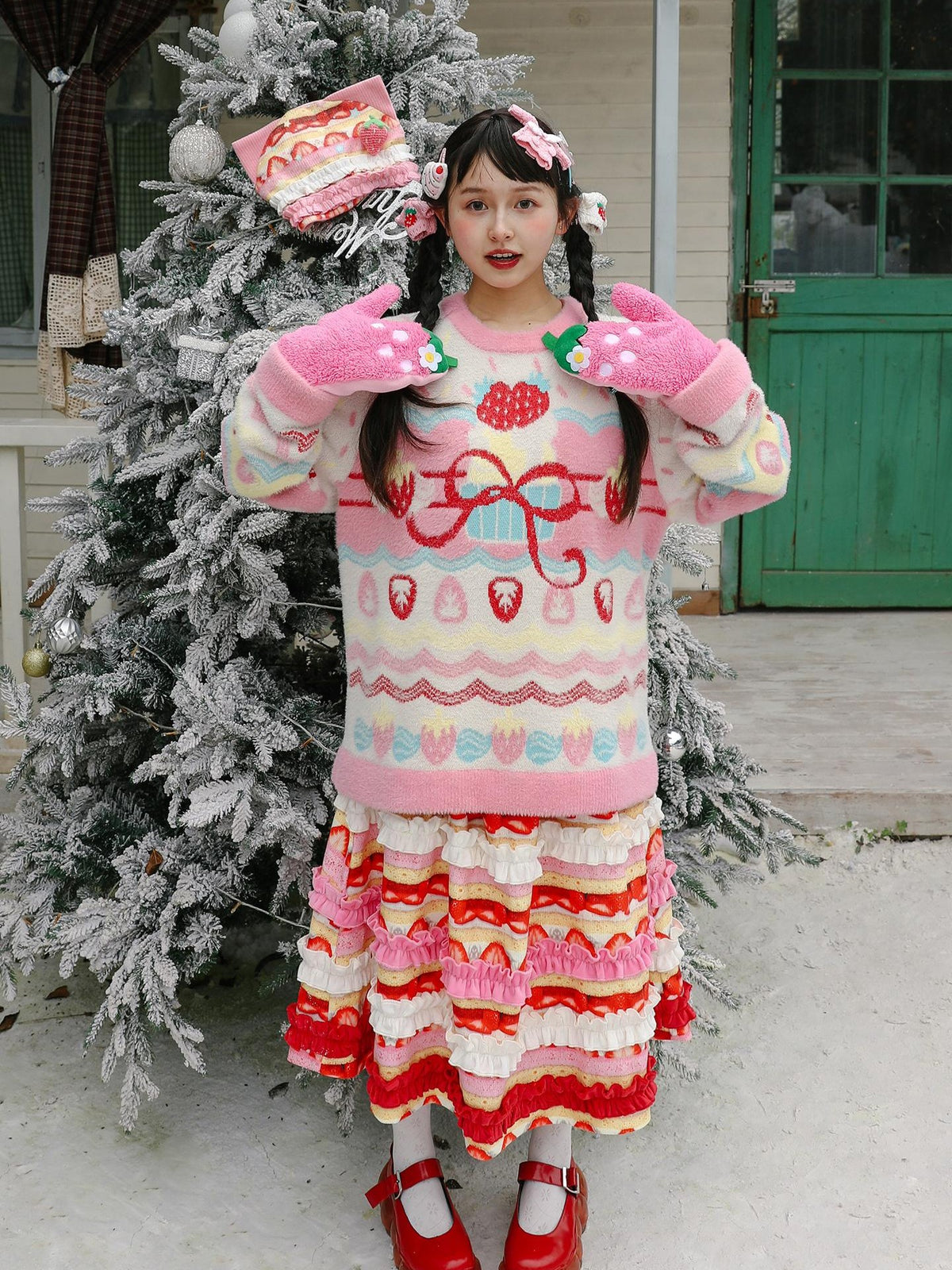 Frufru Gulu Strawberry Bow Loose Fit Long Sleeve Women&