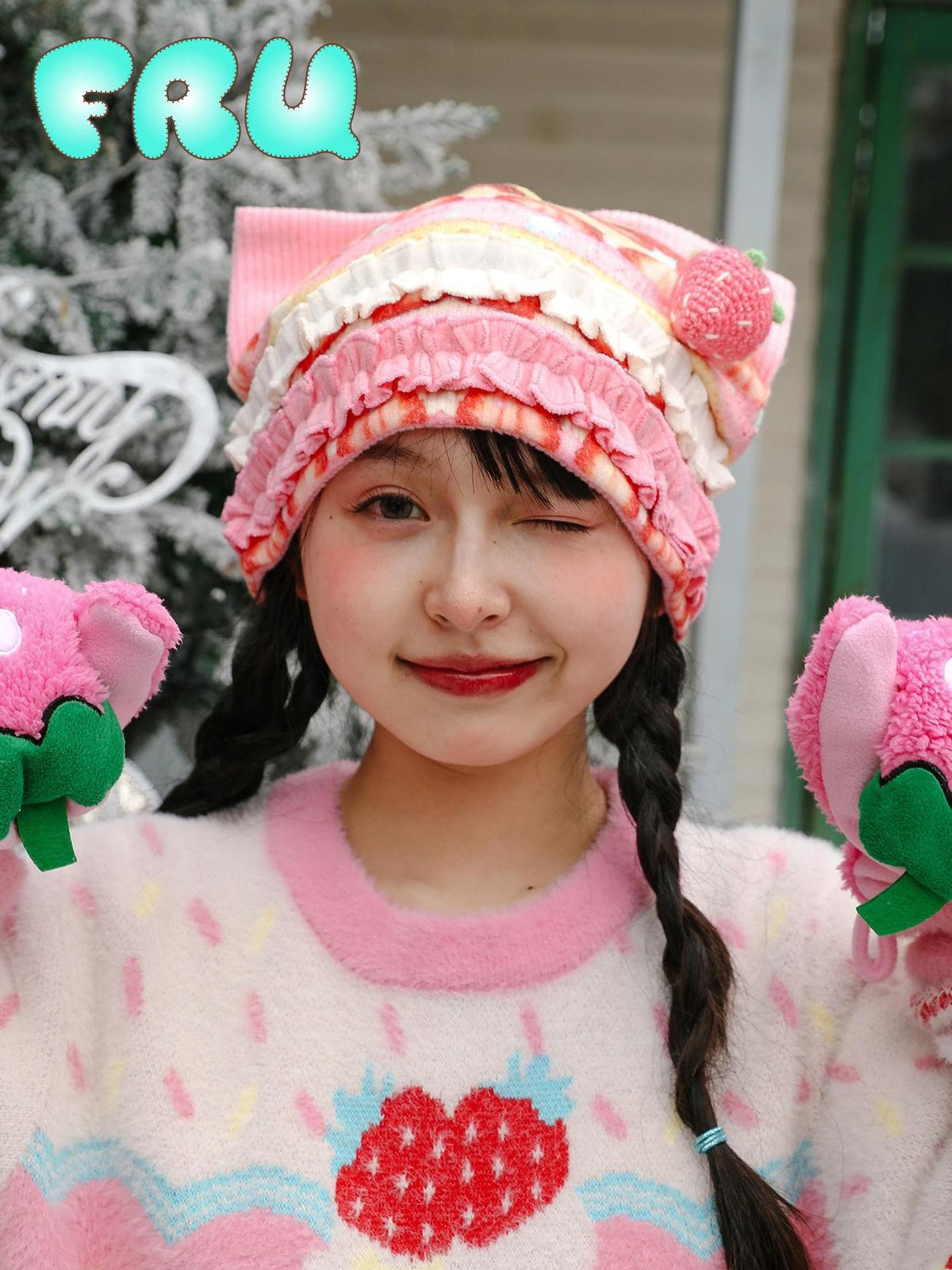 Frufru Gulu Strawberry Cake Print Patchwork Cat Ear Women&