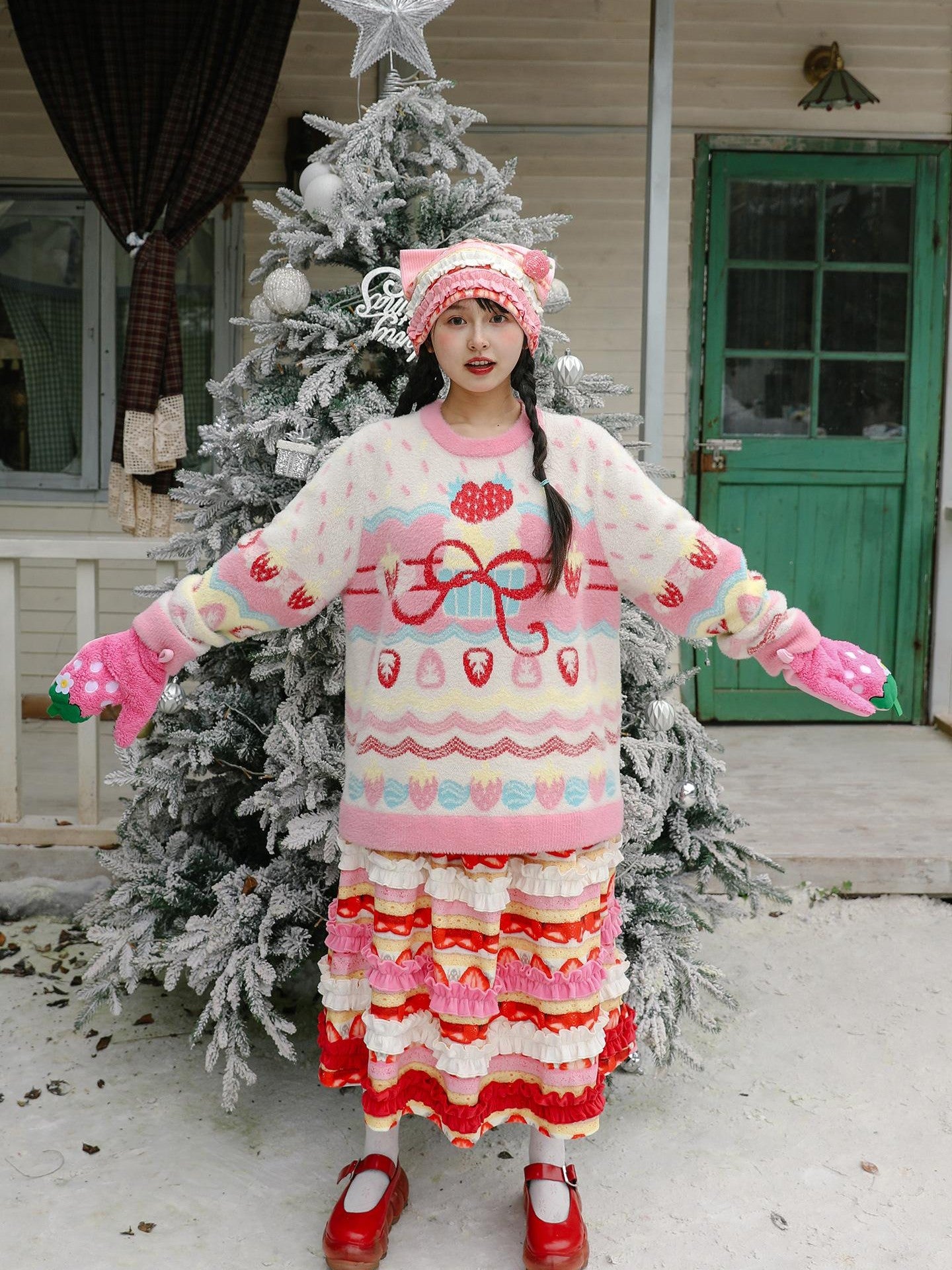 Frufru Gulu Strawberry Cake Print Patchwork Cat Ear Women&