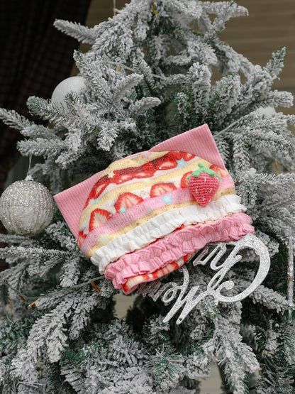 Frufru Gulu Strawberry Cake Print Patchwork Cat Ear Women&
