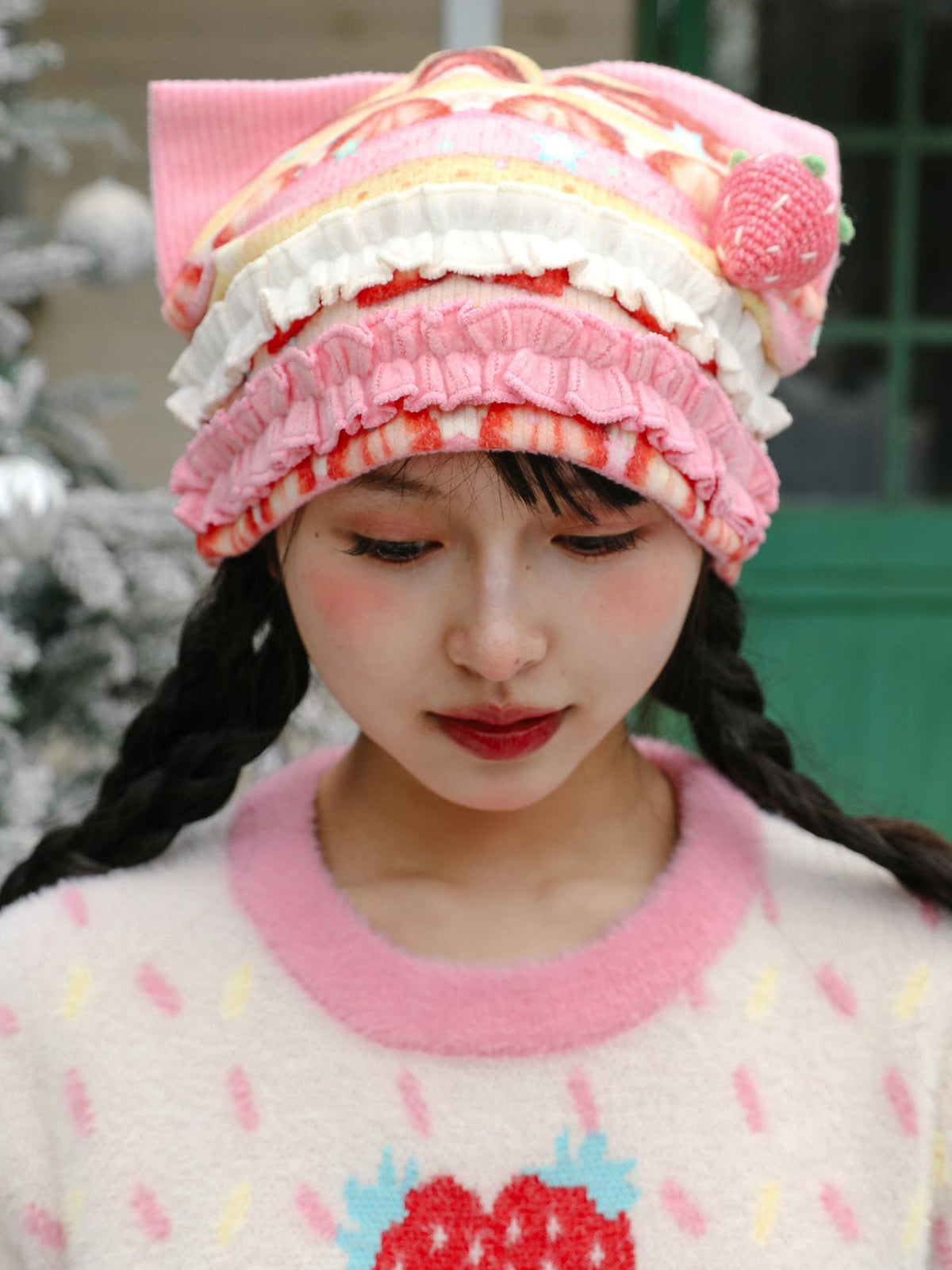 Frufru Gulu Strawberry Cake Print Patchwork Cat Ear Women&