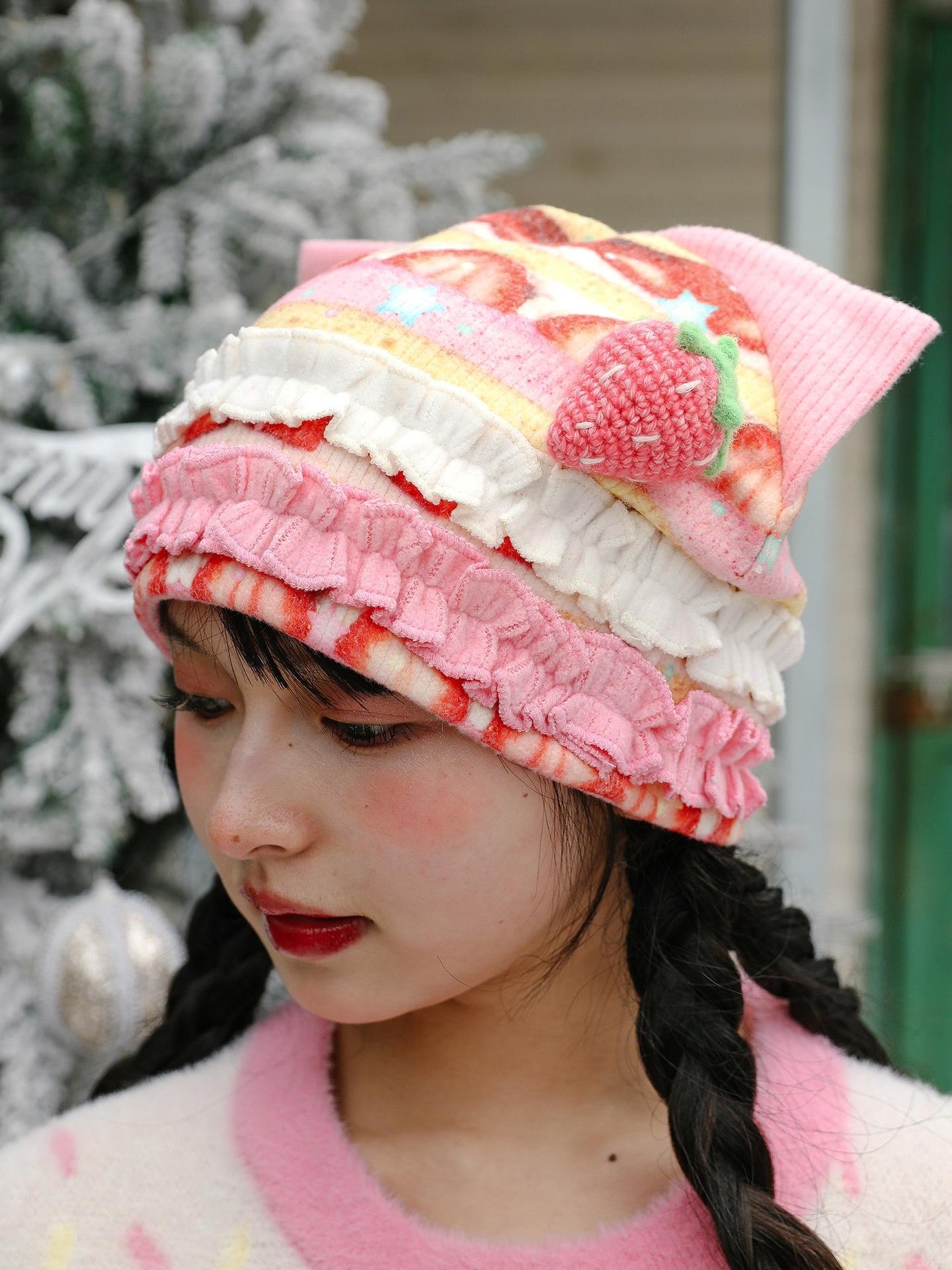 Frufru Gulu Strawberry Cake Print Patchwork Cat Ear Women&