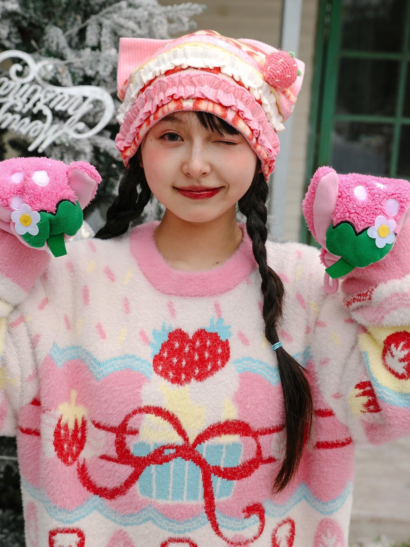 Frufru Gulu Strawberry Cake Print Patchwork Cat Ear Women&