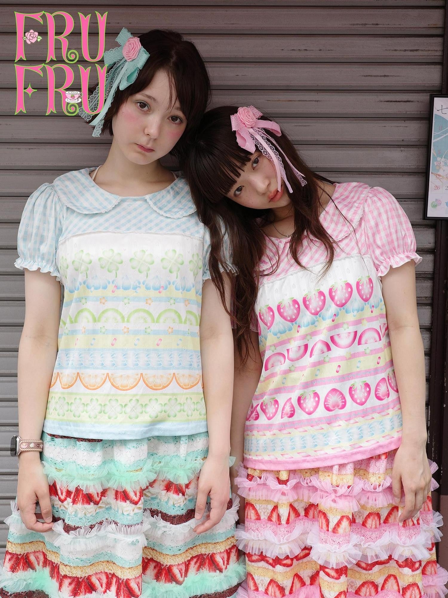 Frufru Gulu Strawberry Four Leaf Clover Print Puff Sleeve Women&
