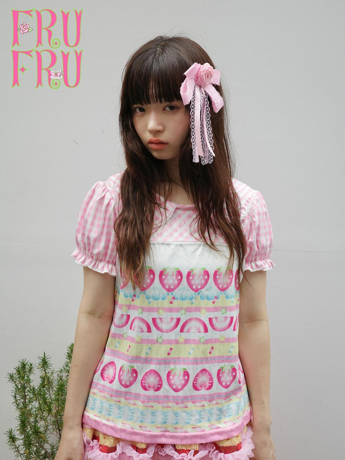 Frufru Gulu Strawberry Four Leaf Clover Print Puff Sleeve Women&