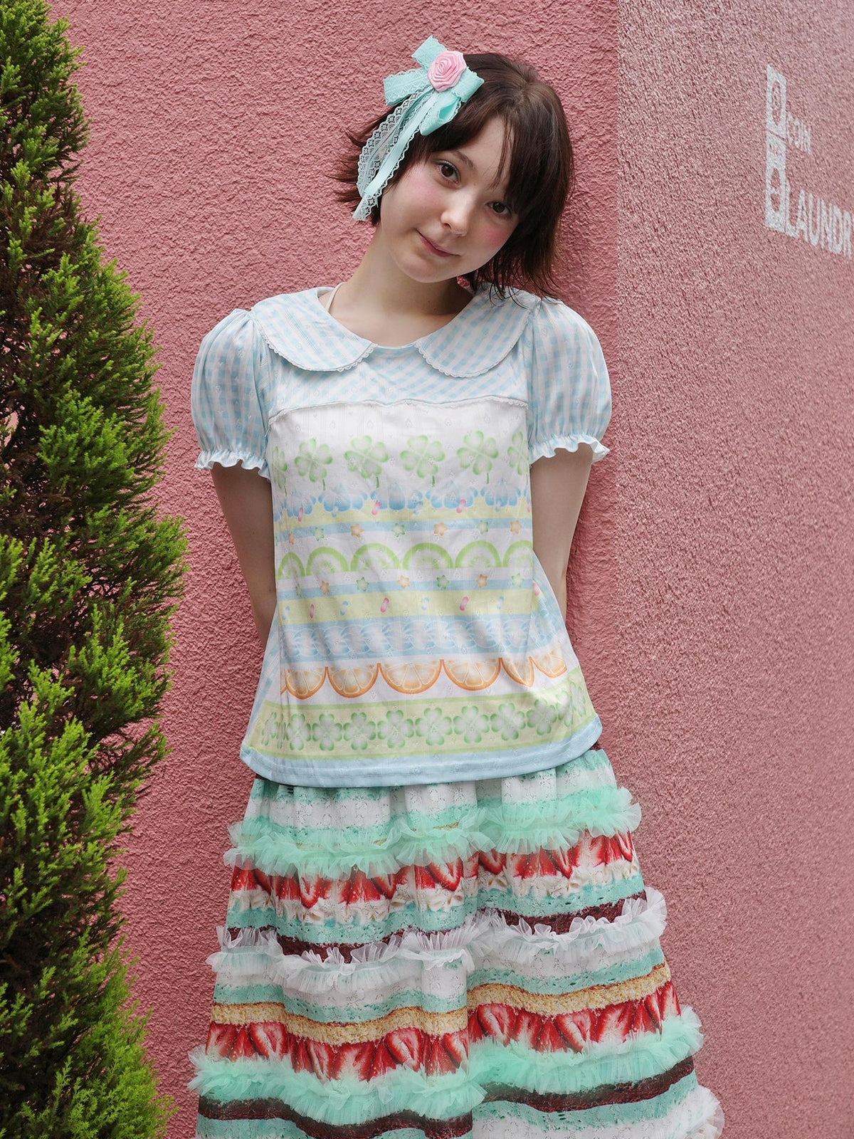 Frufru Gulu Strawberry Four Leaf Clover Print Puff Sleeve Women&