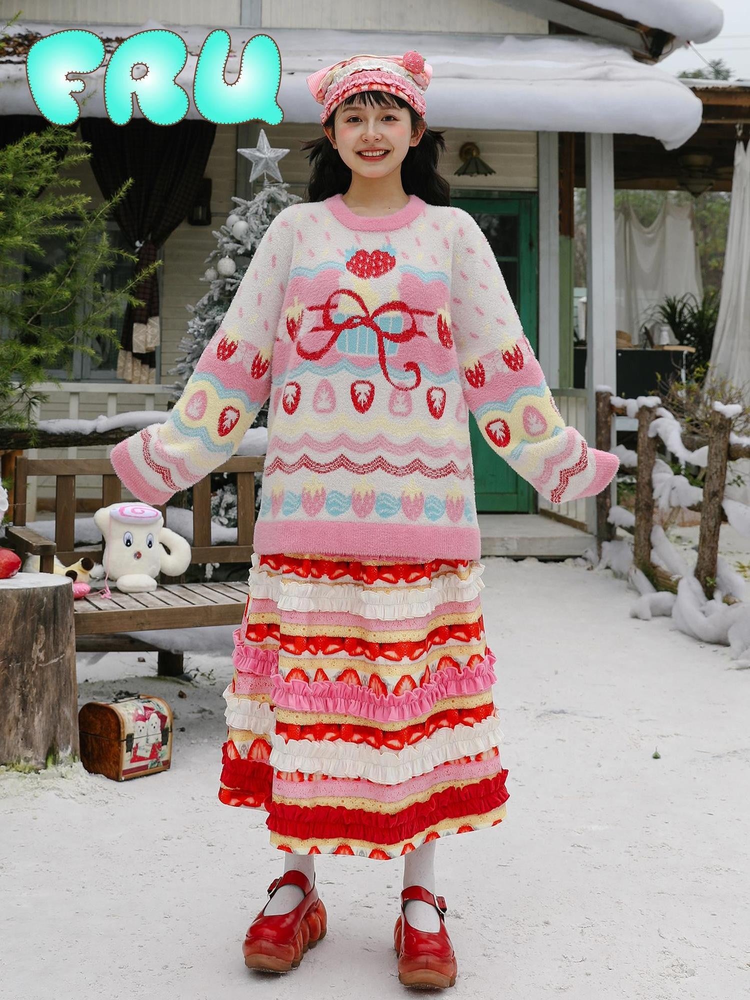 Frufru Gulu Strawberry Print Lace Trim Corduroy Tiered Cake Women&