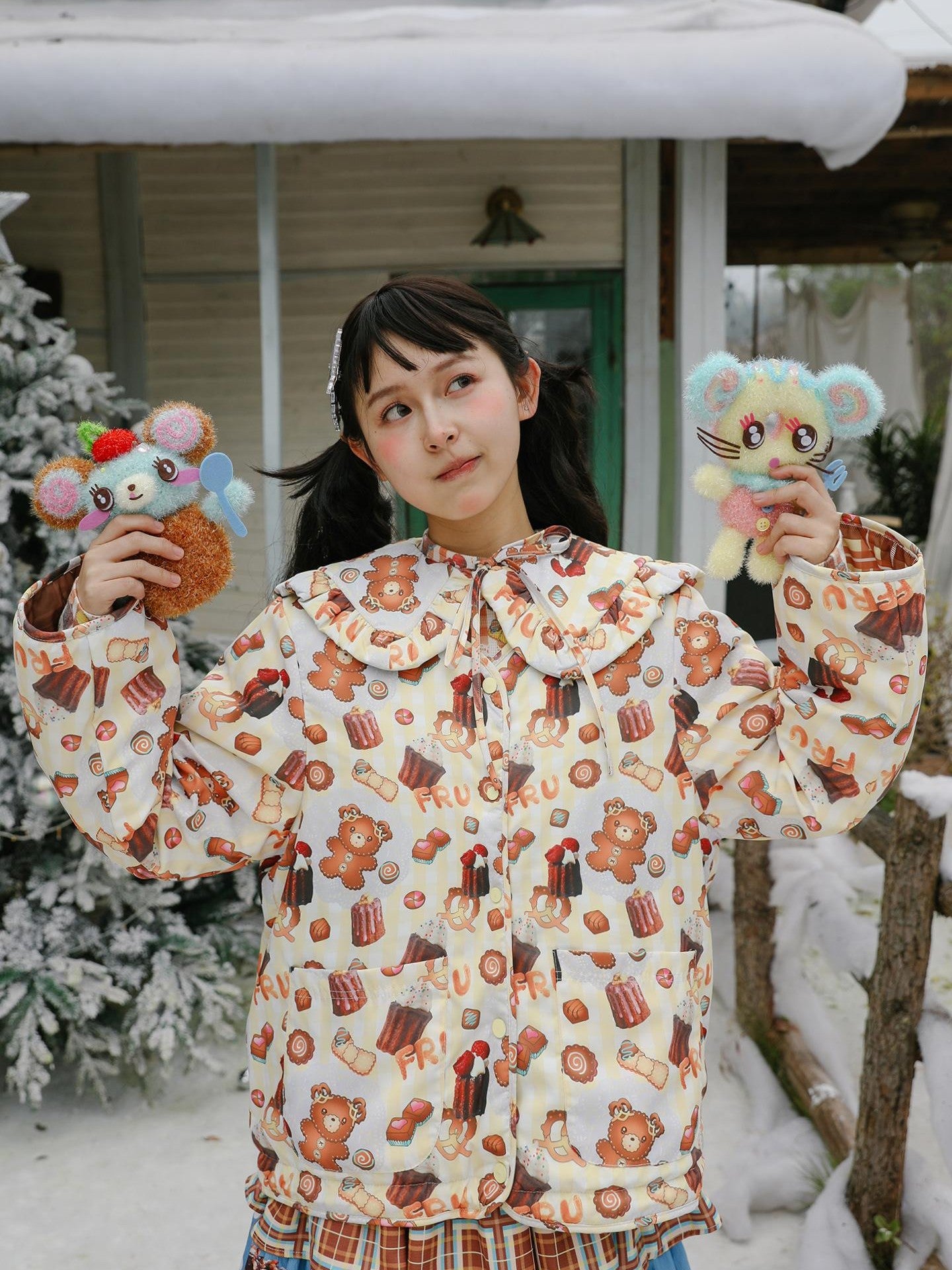 Frufru Gulu Sweet Cartoon Doll Print Reversible Loose Women&