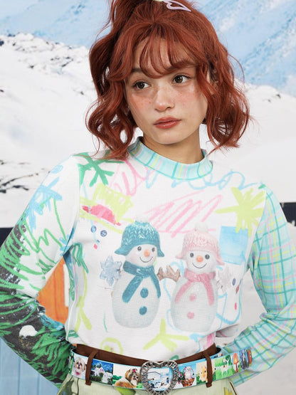 Frufru Gulu Waffle Cute Snowman Print Women&