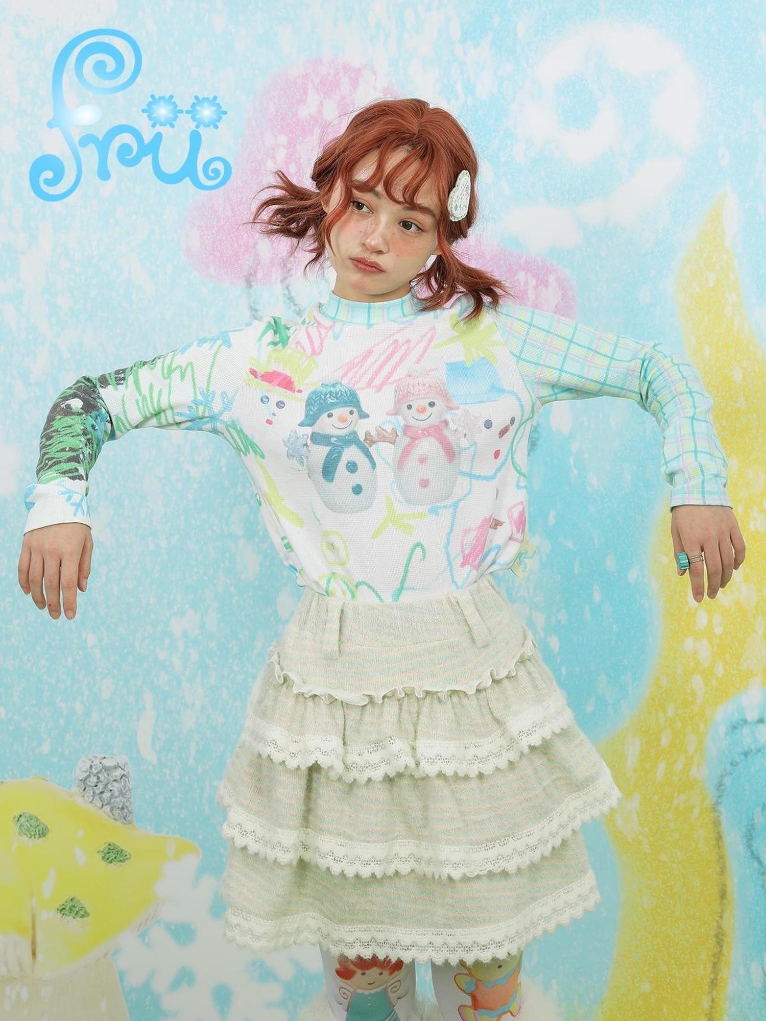 Frufru Gulu Waffle Cute Snowman Print Women&
