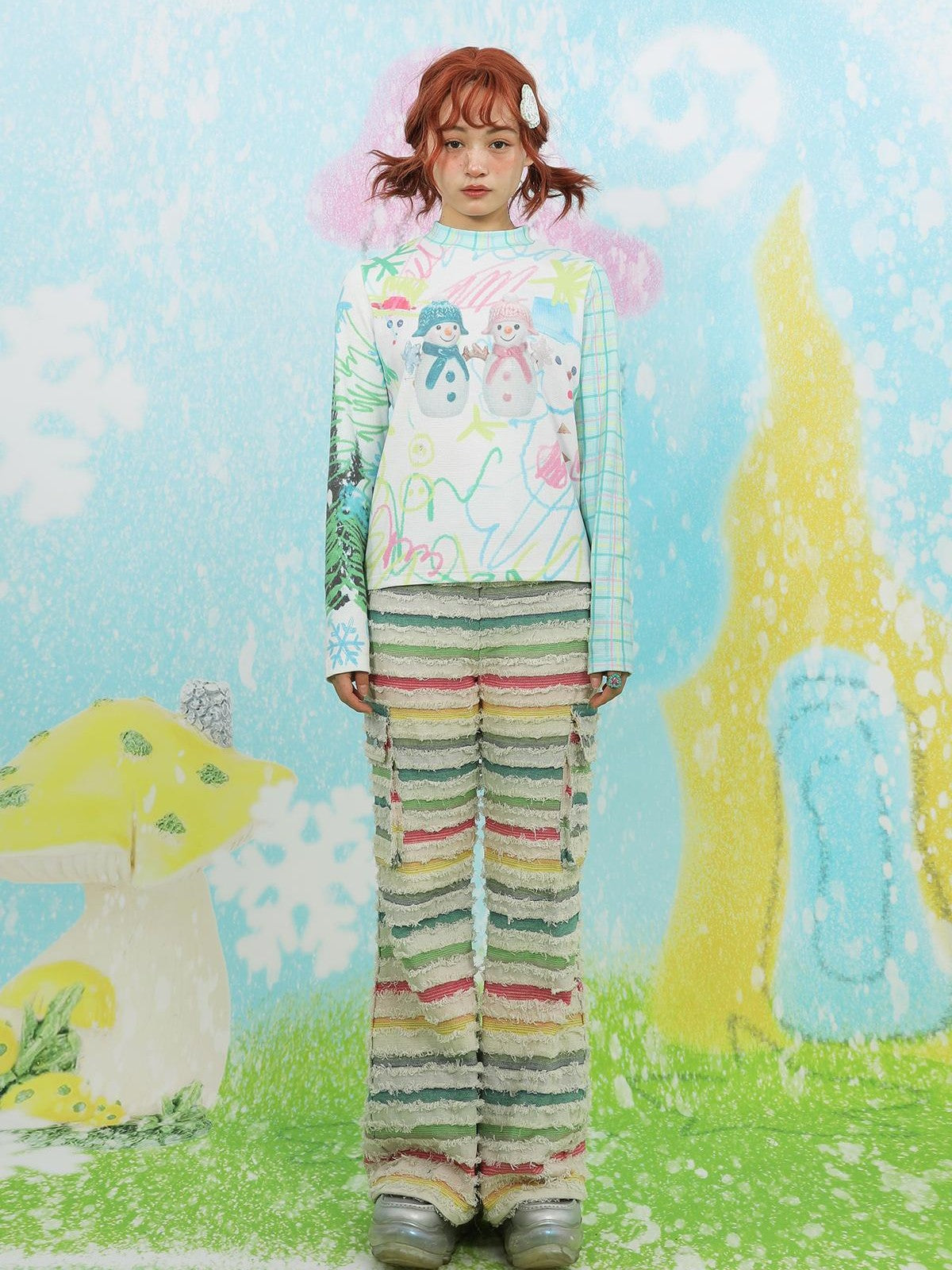Frufru Gulu Waffle Cute Snowman Print Women&