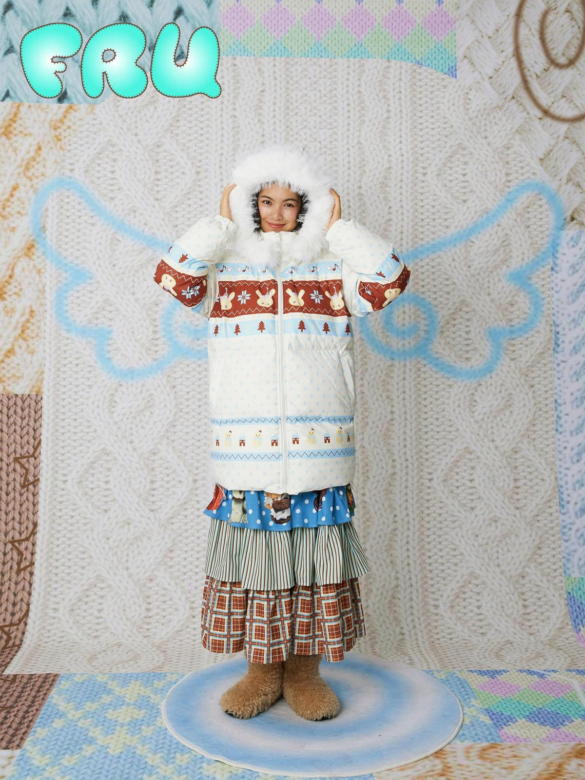 Frufru Gulu White Hooded Cartoon Fair Isle Print Women&