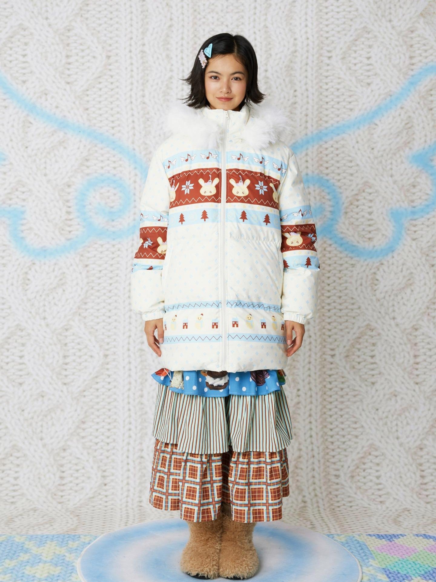 Frufru Gulu White Hooded Cartoon Fair Isle Print Women&